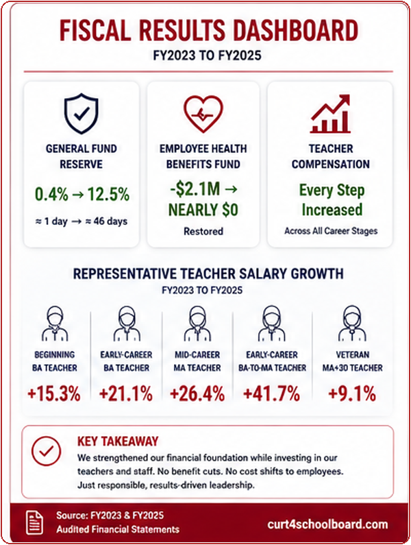 Fiscal results during the Board President's tenure, including reserve growth, fund balance growth, health benefits fund recovery, and teacher compensation increases.