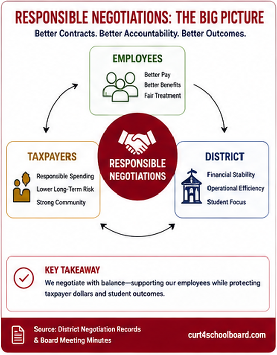 Responsible negotiations connect investment in people, recruitment and retention, accountability, and taxpayer stewardship.