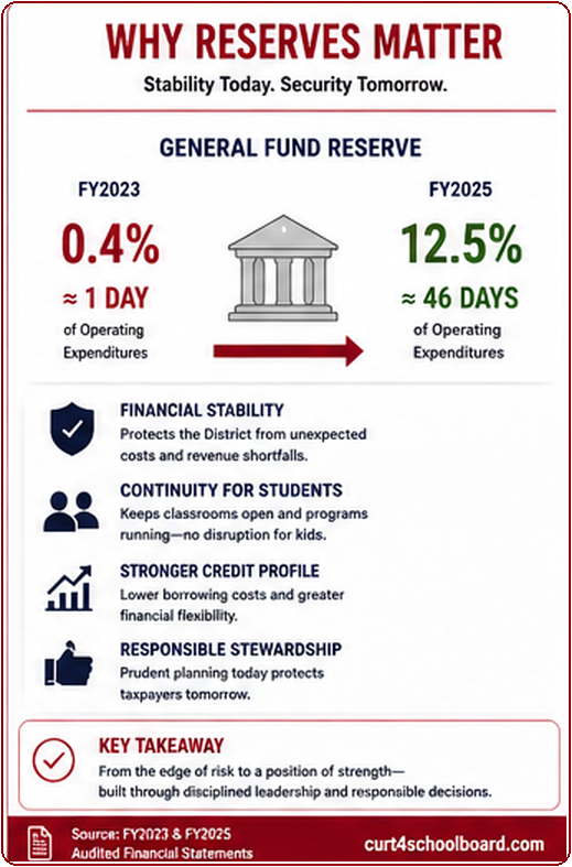 Why school district reserves matter, including operating continuity, unexpected costs, employee benefits, and avoiding abrupt cuts.